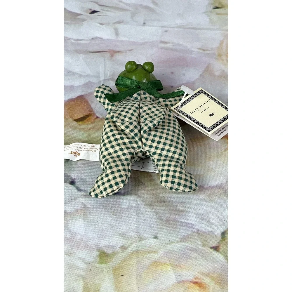 Teeny Beenies Green Gingham Frog Russ Berrie Cloth Body Ceramic Head #7075 Tags